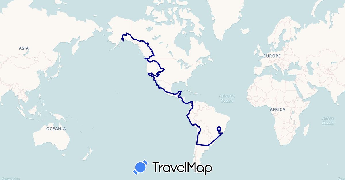 TravelMap itinerary: driving in Argentina, Bolivia, Brazil, Belize, Canada, Chile, Colombia, Costa Rica, Ecuador, Guatemala, Honduras, Mexico, Nicaragua, Panama, Peru, United States (North America, South America)